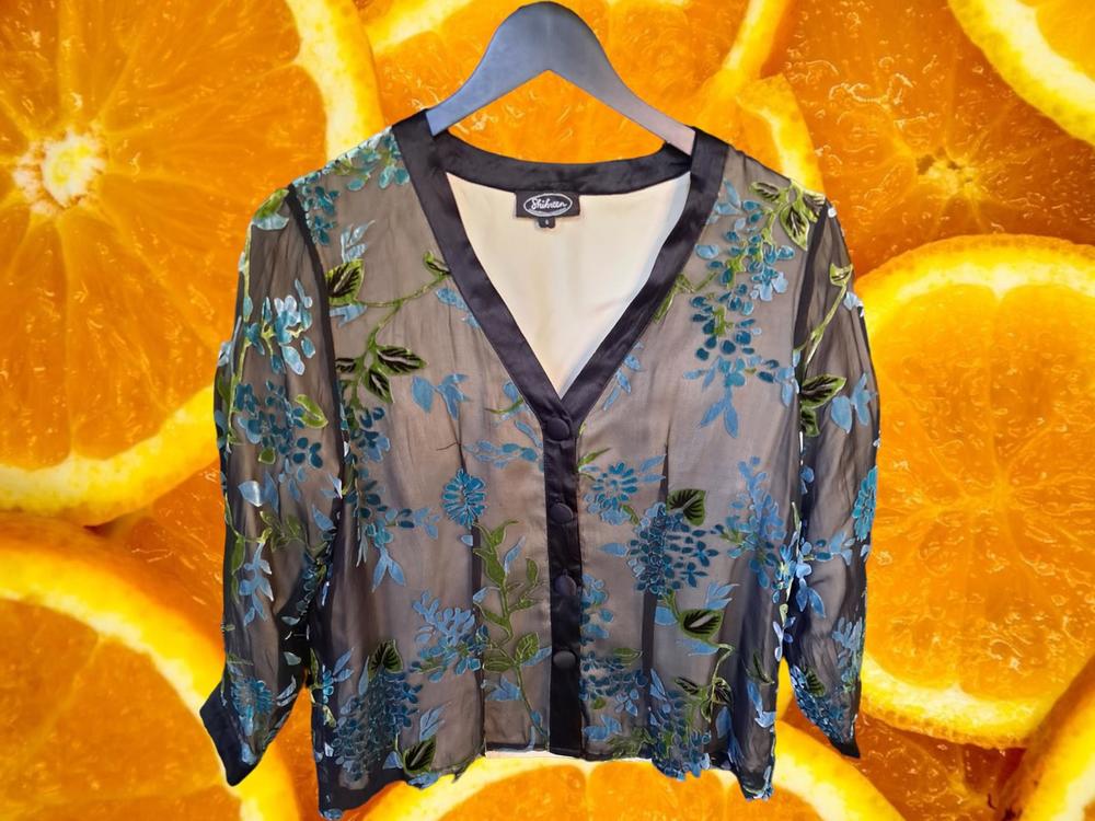 Shihreen Black Trim with Floral Embroidered Button Up Blouse 70% Silk Size Small
